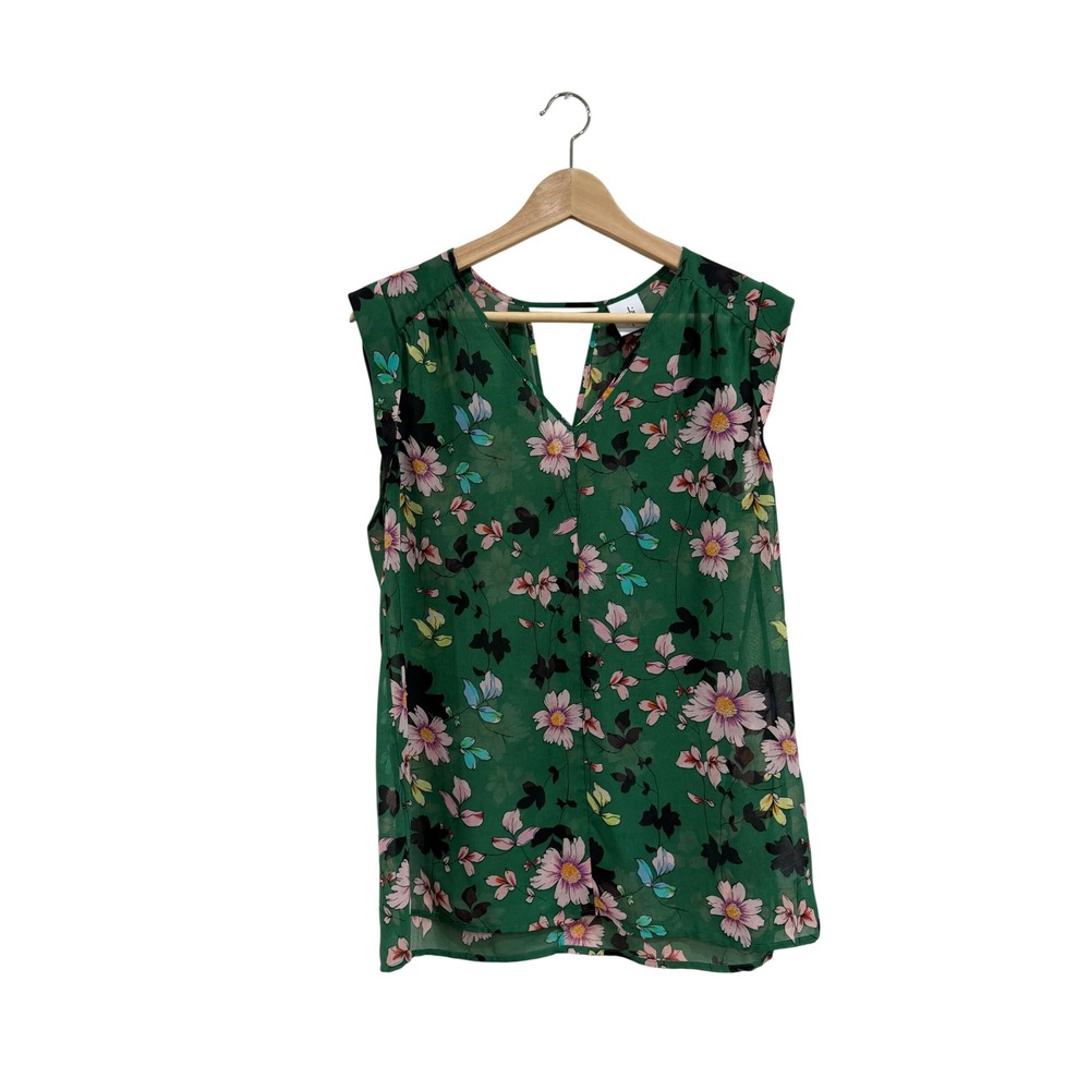 Cabi 3619 Green Floral Chiffon Sleeveless V-Neck Keyhole Back Blouse Small